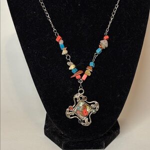 Artisan Style Multicolor Stone and Metal Cross Pendant Necklace 18” with ext